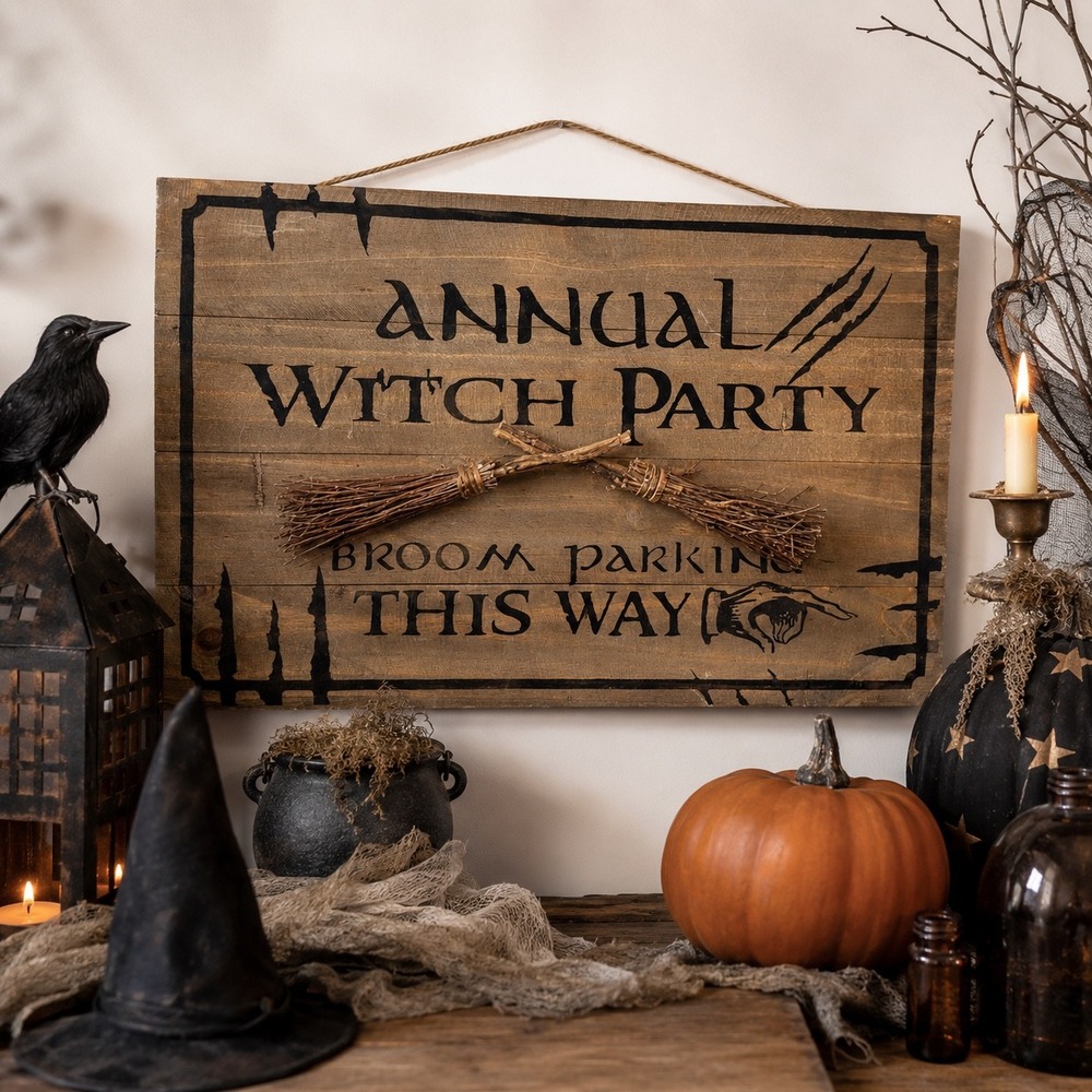 Annual Witch Party Wood Sign Halloween Wall Decor Broom Parking Rustic Witch